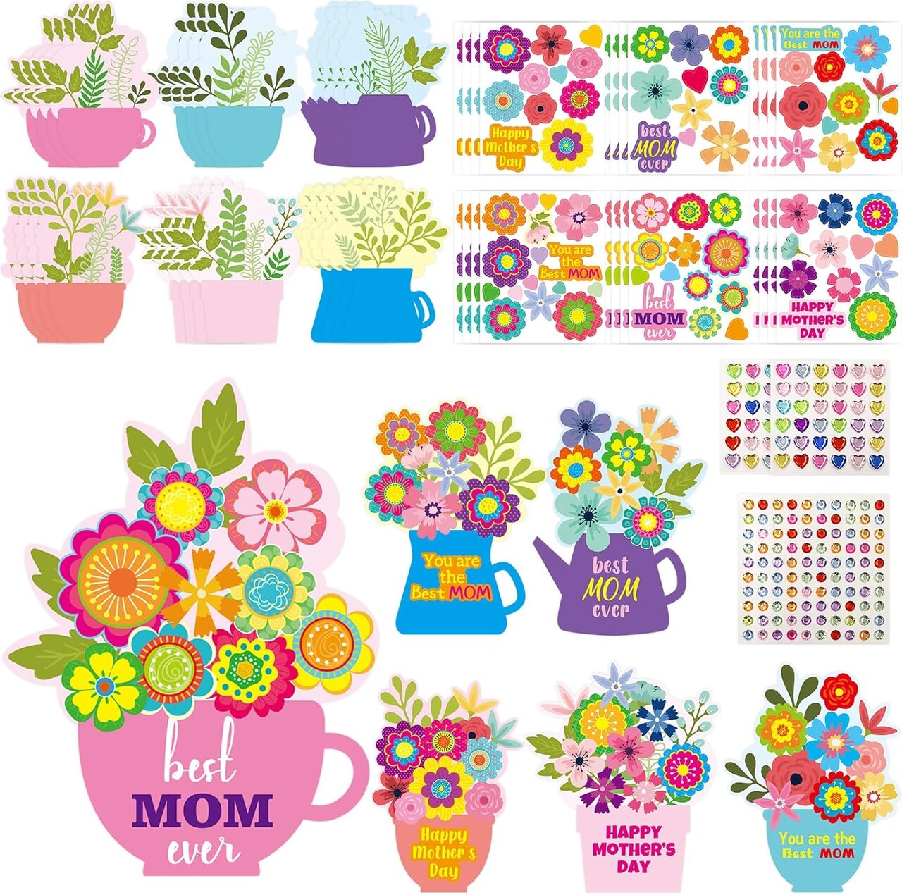 Mother’s Day Card Making Kit – 24 DIY Flower Craft Cards with Stickers, Handmade Greeting Card Set for Kids, Classroom & Home Activities